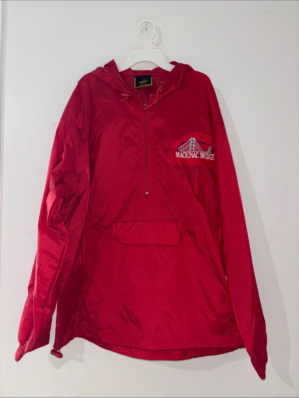 Red Hooded Windbreaker / Rain Jacket - Mackinac Bridge